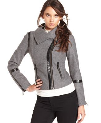 GUESS Jacket, Long-Sleeve Faux-Leather Wool-Blend - Jackets & Blazers ...