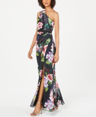 one shoulder floral gown