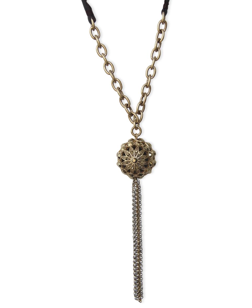 Lucky Brand Necklace, Gold Tone Multistone Tassel Pendant