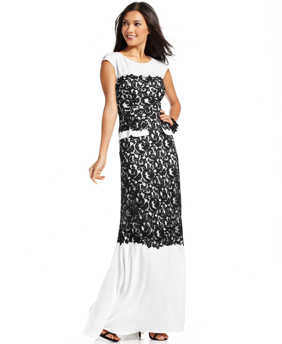 BCBGMAXAZRIA Dress, Cap Sleeve Peplum Back Cutout Lace Gown