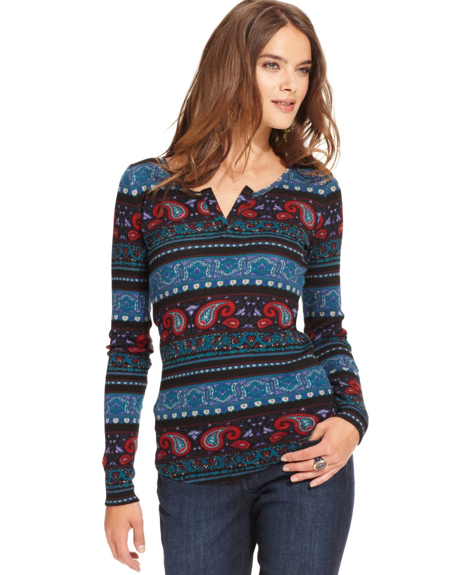 Lucky Brand Jeans Top, Long Sleeve Split Neck Logo Print Thermal Top