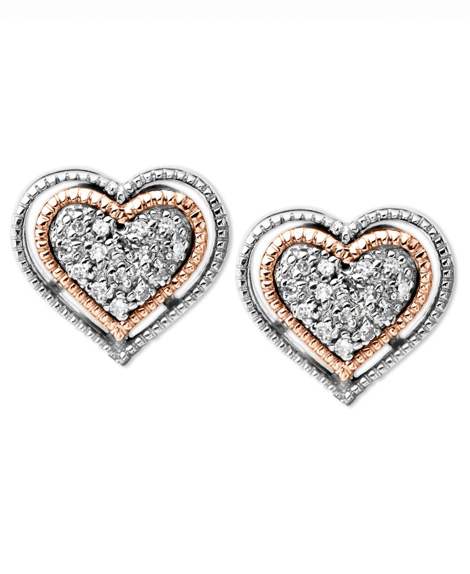 Diamond Earrings, Sterling Silver and 14k Rose Gold Diamond Heart Stud