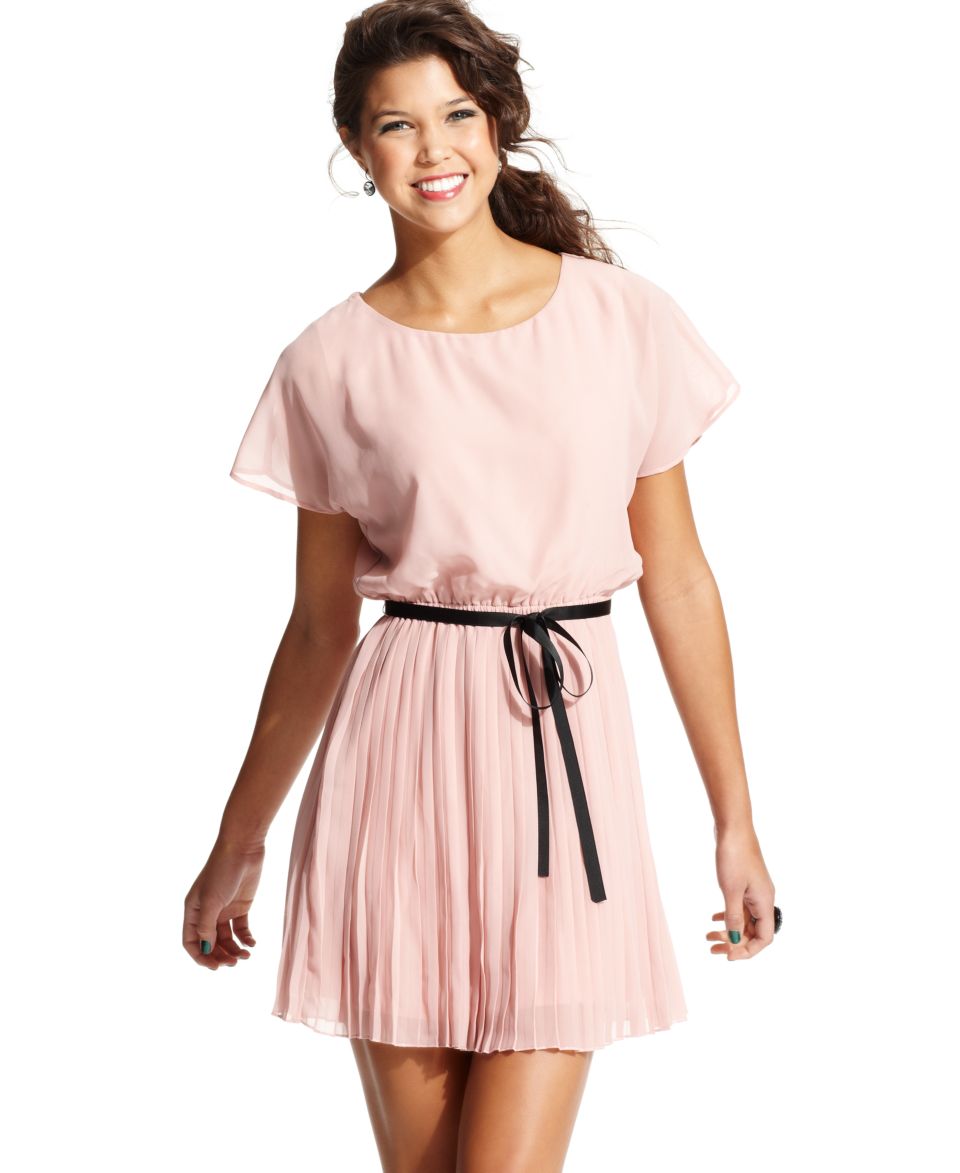 WishesWishesWishes Juniors Dress, Flutter Sleeve Pleated Belted