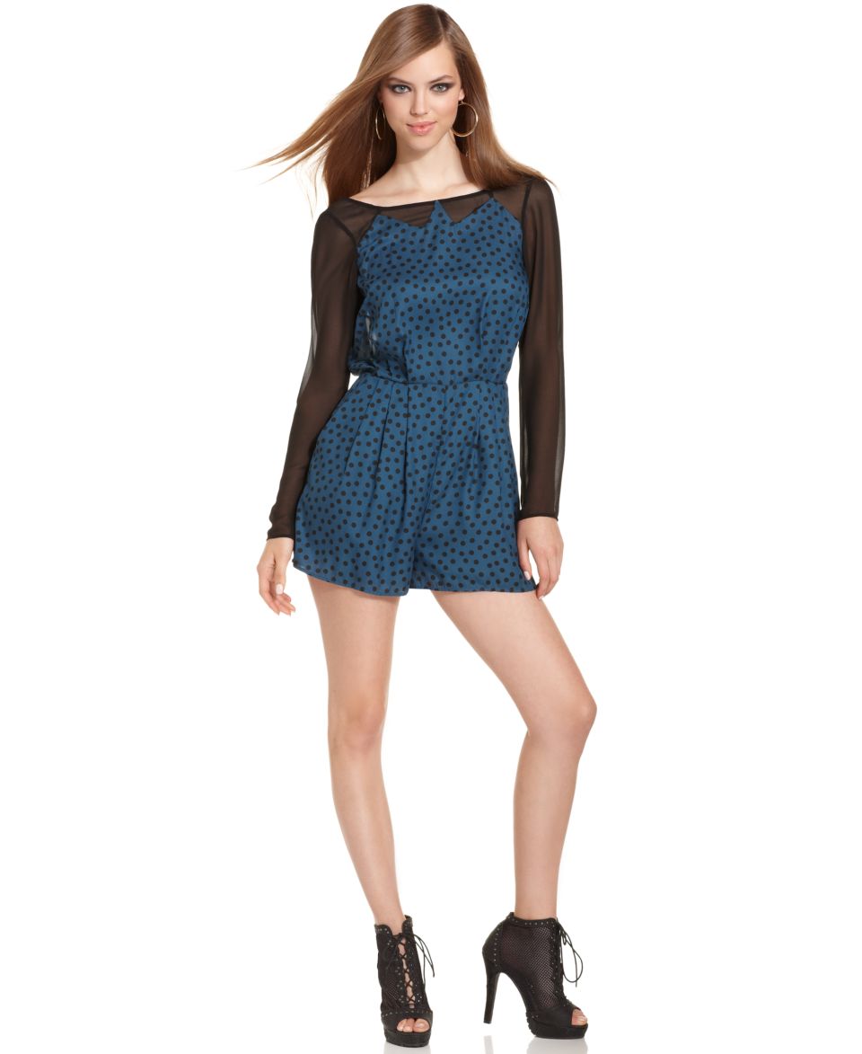 BCBGeneration Romper, Long Sleeve Boatneck Polka Dot Print