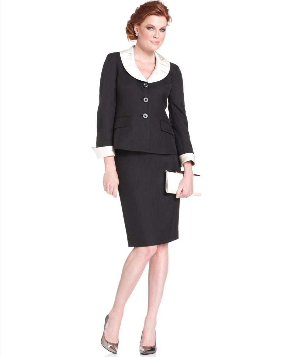 Le Suit Skirt Suit, Ruched Satin Collar Jacket & Skirt