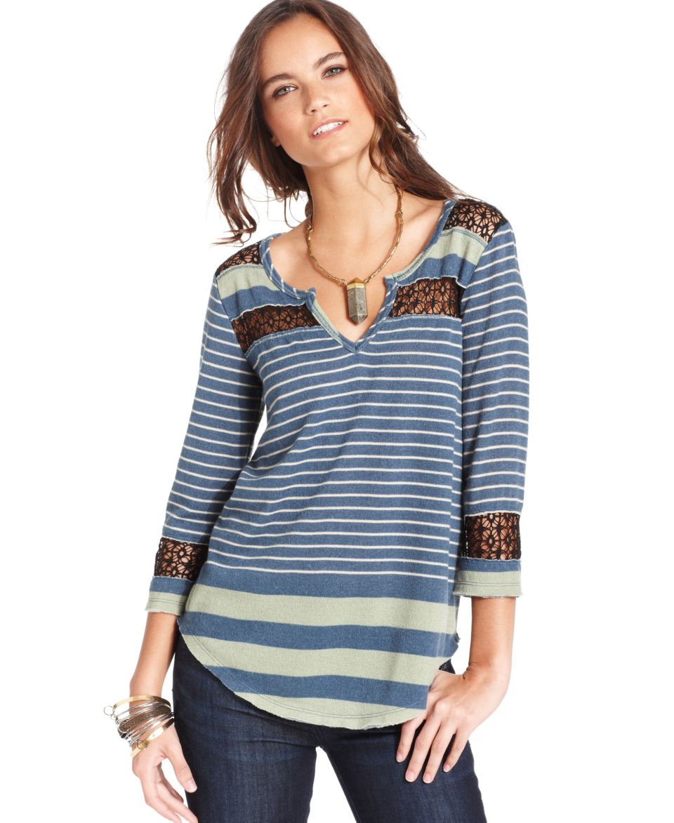 Free People Top, Three Quarter Split Neck Striped Crochet