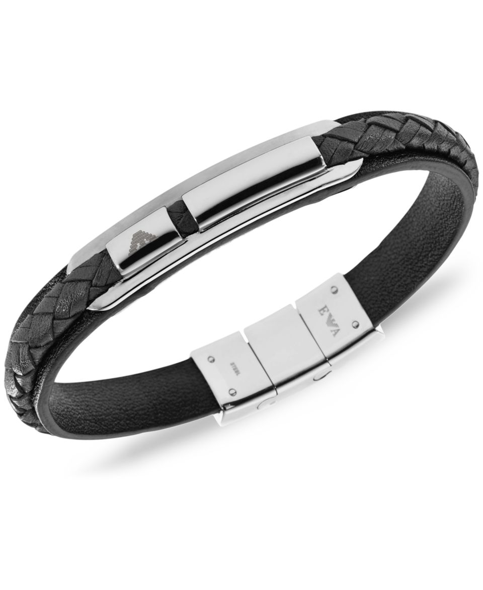 Emporio Armani Mens Bracelet, Stainless Steel Braided Black Leather