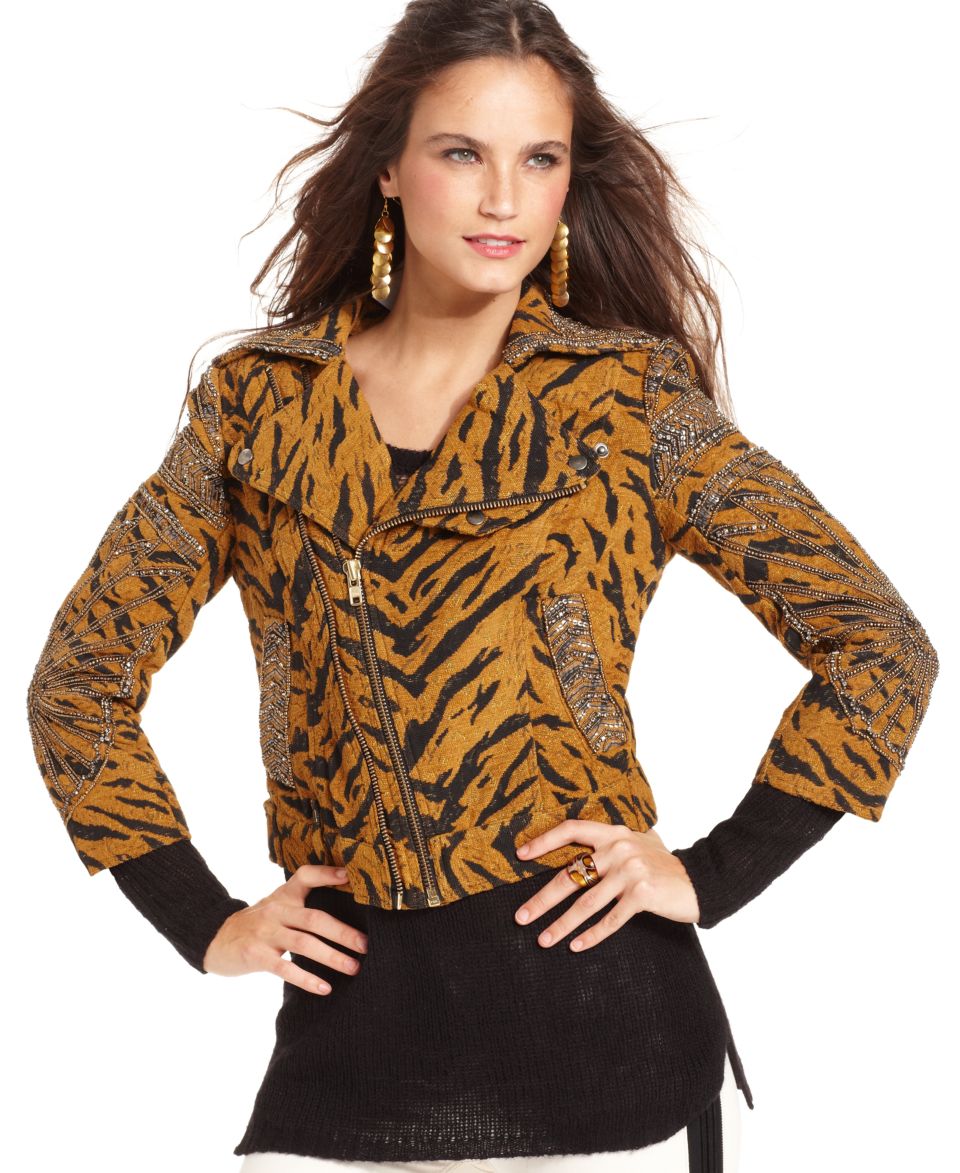 Free People Jacket, Three Quarter Animal Print Sequin Beaded