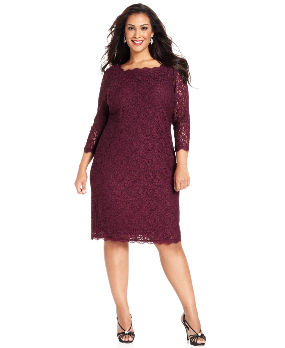 Marina Plus Size Dress, 3/4 Sleeve Beaded Lace Cocktail Dress   Plus