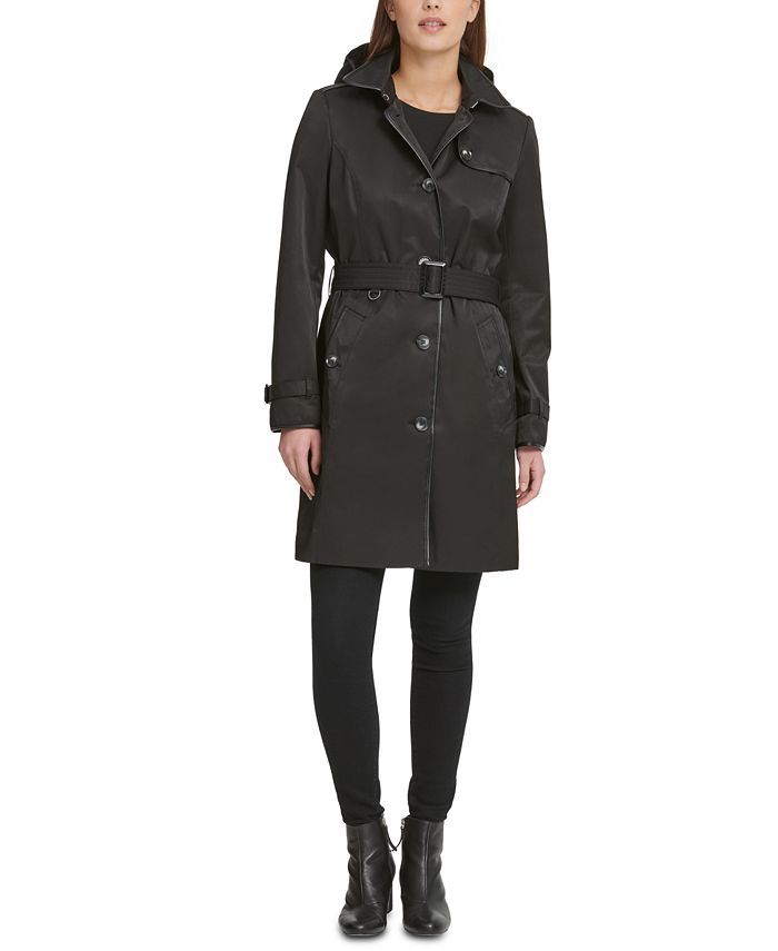 DKNY Belted Faux-Leather-Trim Hooded Trench Coat & Reviews - Coats ...