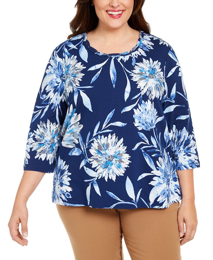 Alfred Dunner Plus Size Sapphire Skies Dramatic Floral-Print Knit Top ...