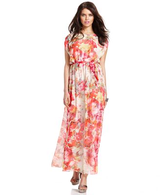Vince Camuto Dress, Cap-Sleeve Floral-Print Maxi - Dresses - Women - Macy's