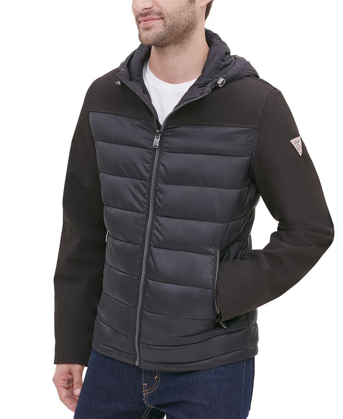 GUESS Men's Mixed Media Hooded Puffer Jacket & Reviews Coats