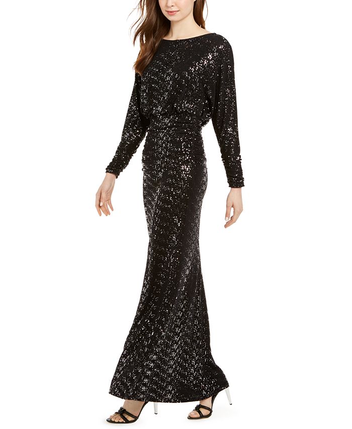 vince camuto ruched glitter gown