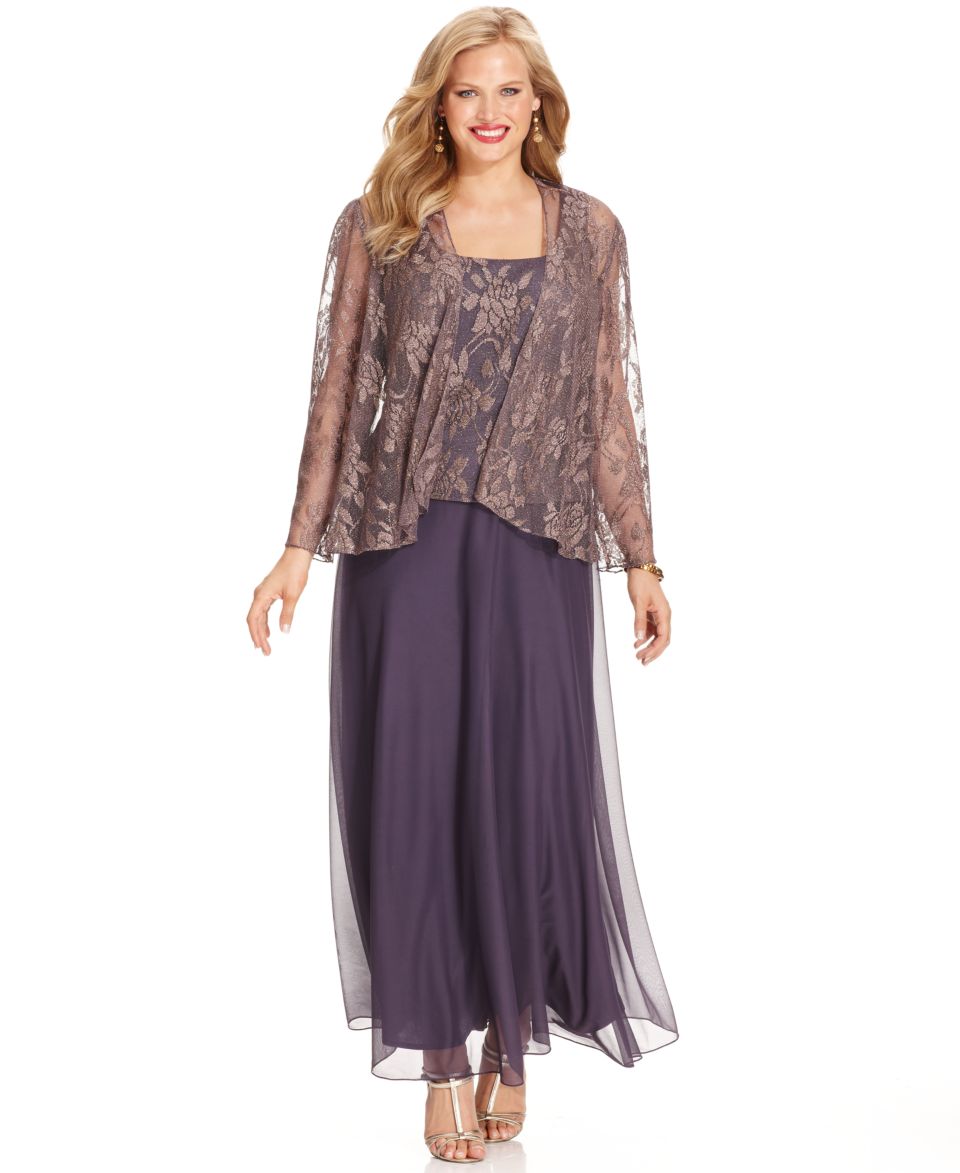 Patra Plus Size Jacket & Dress, Metallic Lace Top Gown