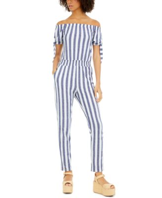 striped off the shoulder jumpsuit