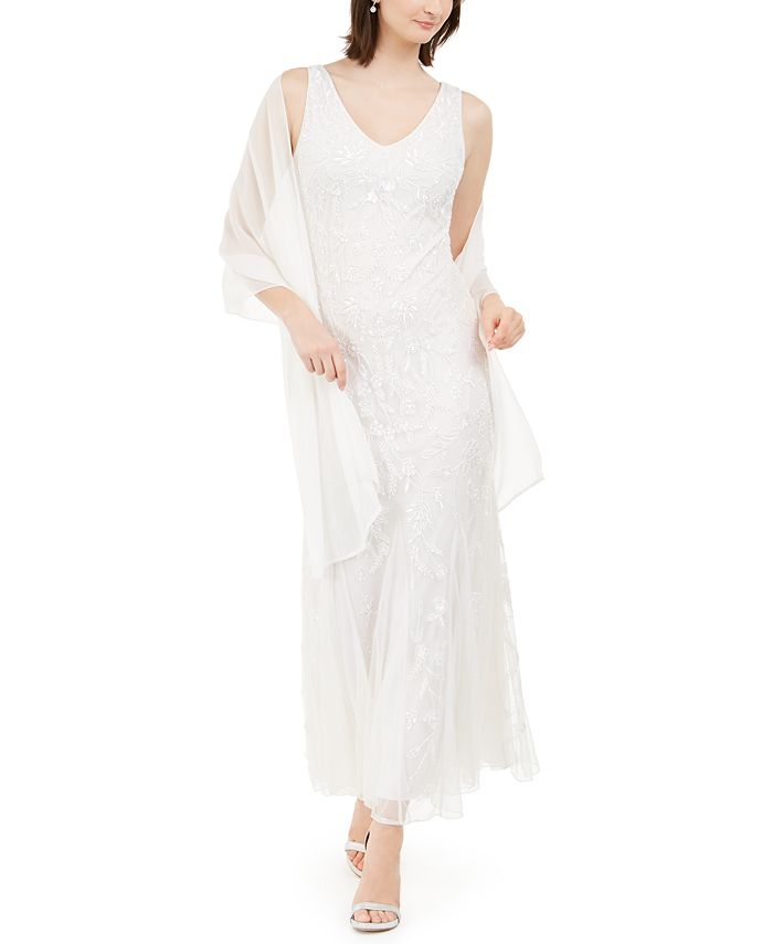 j kara beaded gown and chiffon scarf