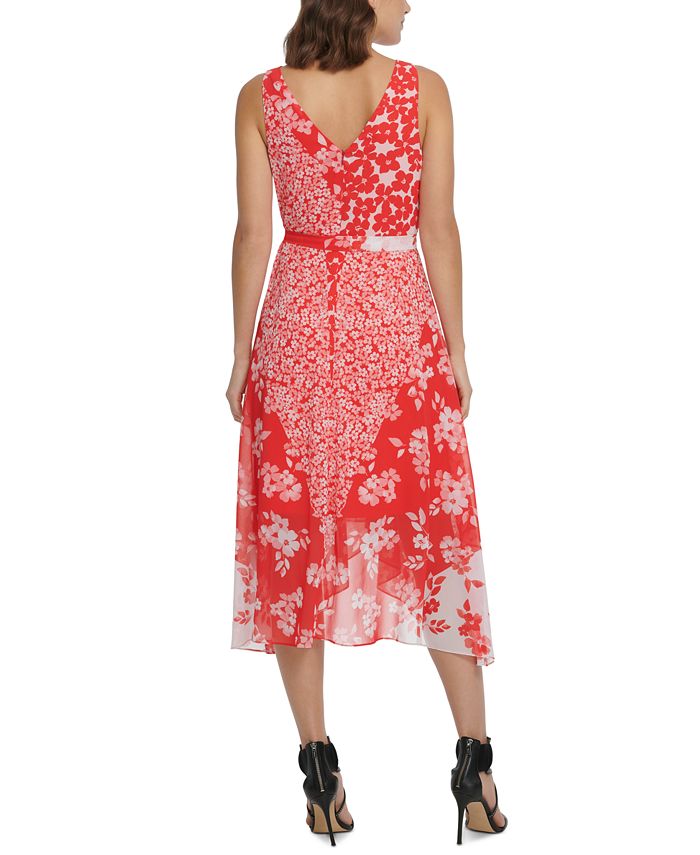 DKNY Mixed Floral Chiffon V-Neck Midi Wrap Dress with Belt & Reviews ...