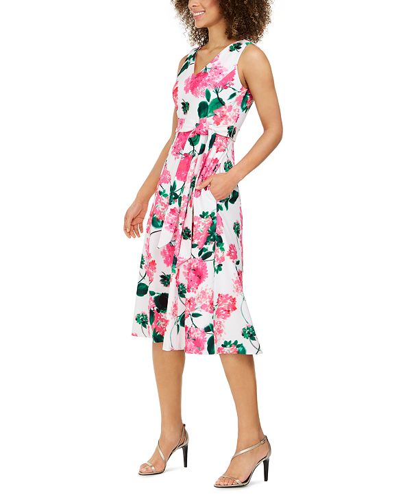 Calvin Klein Belted Floral-Print Midi Dress & Reviews - Dresses - Women ...