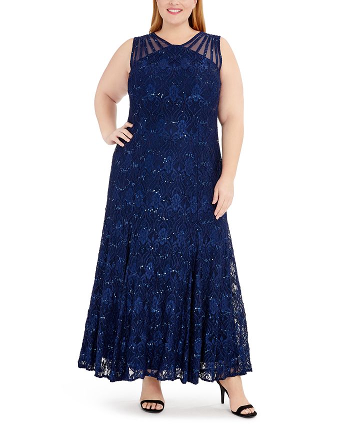 r & m richards plus size sequined godet gown
