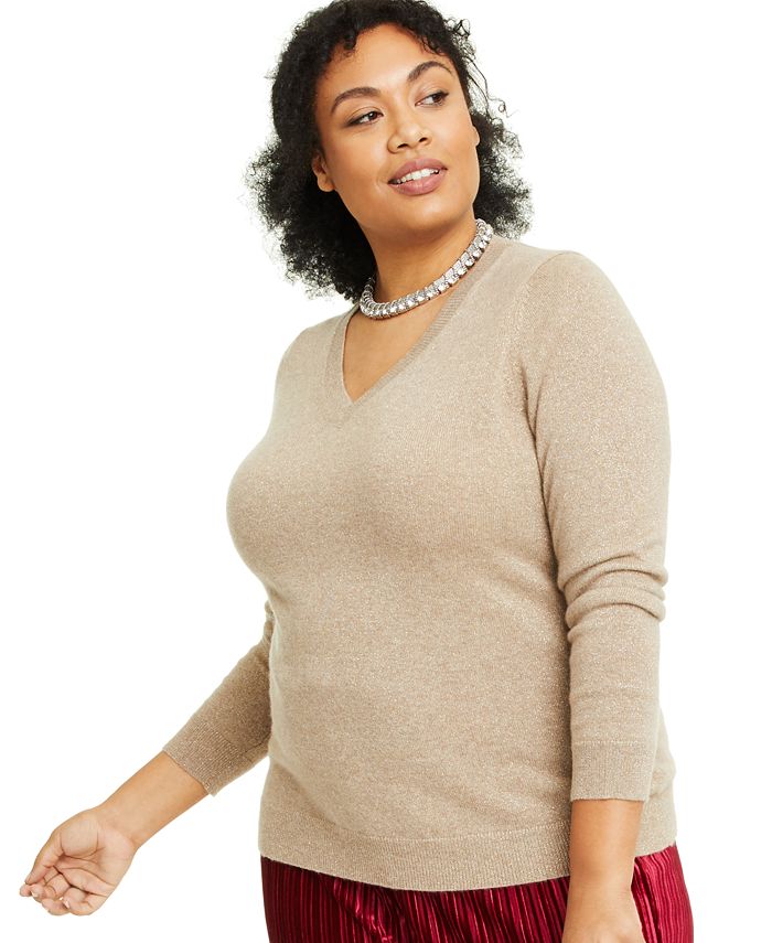 Charter Club Plus Size Cashmere-Metallic V-Neck Sweater, Created for ...