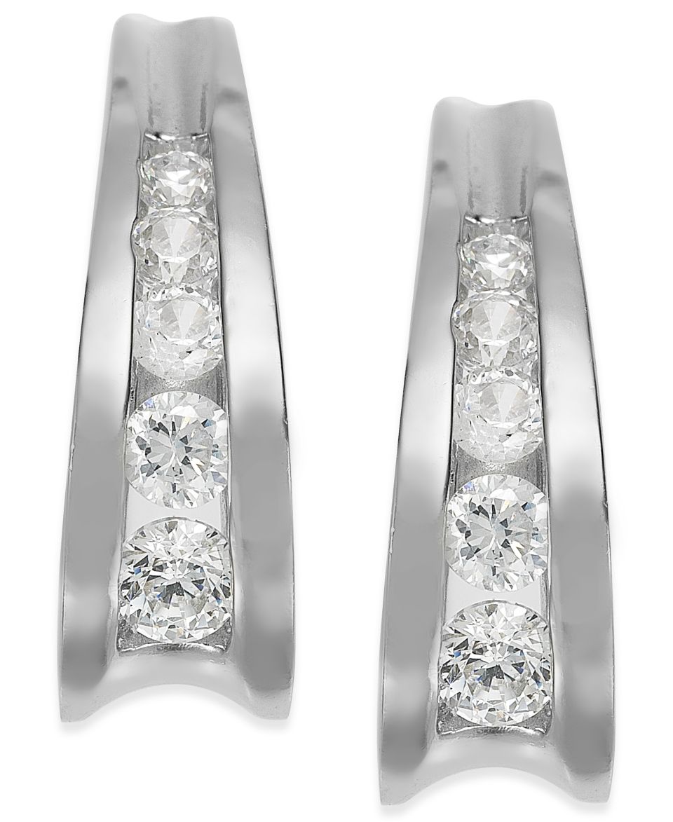 Brilliant Sterling Silver Earrings, Cubic Zirconia J Hoop Earrings