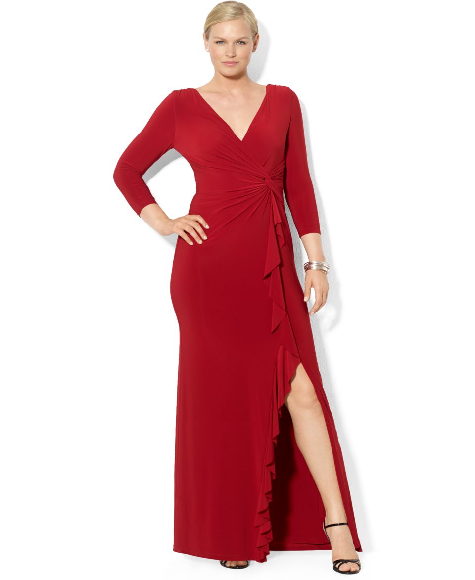 Lauren Ralph Lauren Plus Size Three Quarter Sleeve Ruffled Jersey Gown   Dresses   Plus Sizes