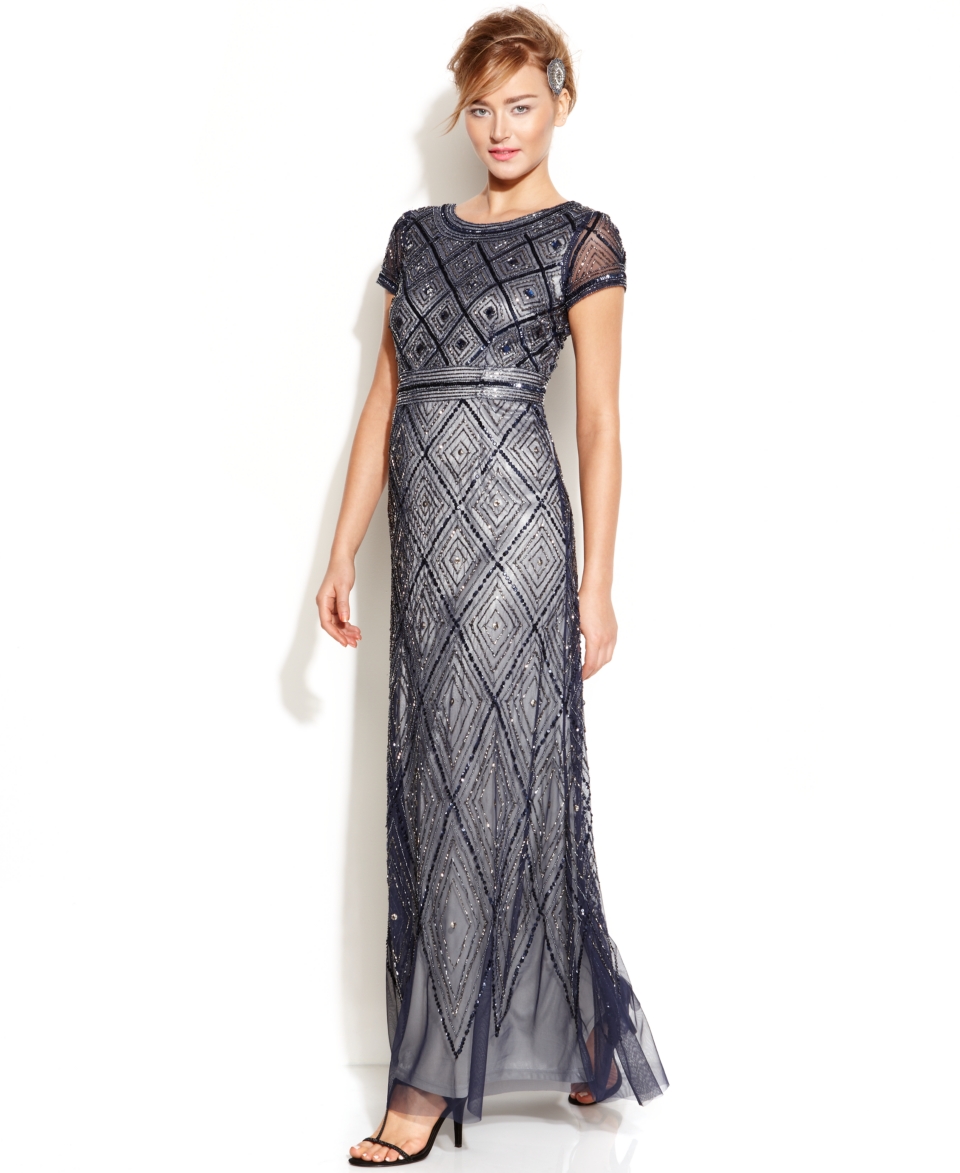 Adrianna Papell Cap Sleeve Beaded Illusion Gown   Dresses   Women