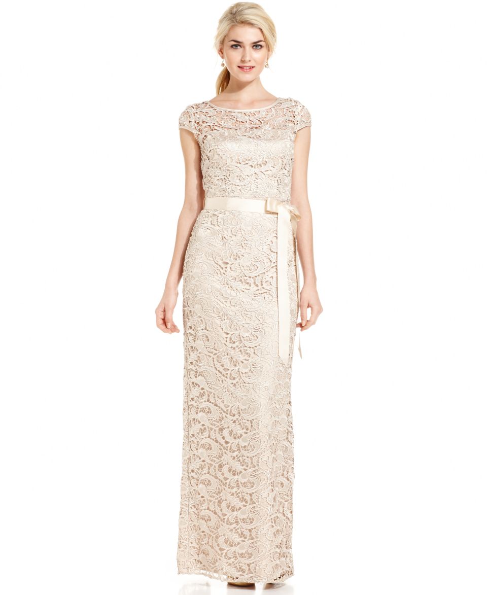 Adrianna Papell Cap Sleeve Illusion Lace Gown   Dresses   Women