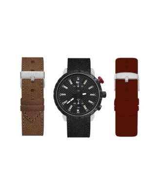 Мужские аналоговые часы American Exchange на черном ремешке диаметром 45 мм с набором сменных ремешков бордового, коричневого и черного цветов