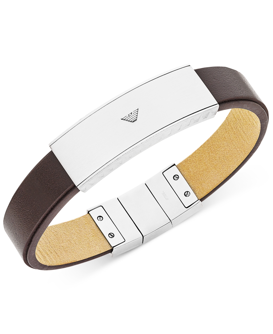 Emporio Armani Stainless Steel and Brown Leather Logo Plaque Bracelet   Fashion Jewelry   Jewelry & Watches