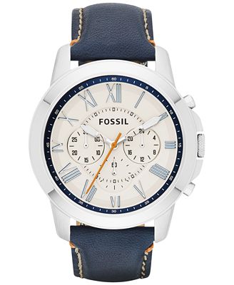 Fossil Men's Chronograph Grant Navy Leather Strap Watch 44mm FS4925 ...