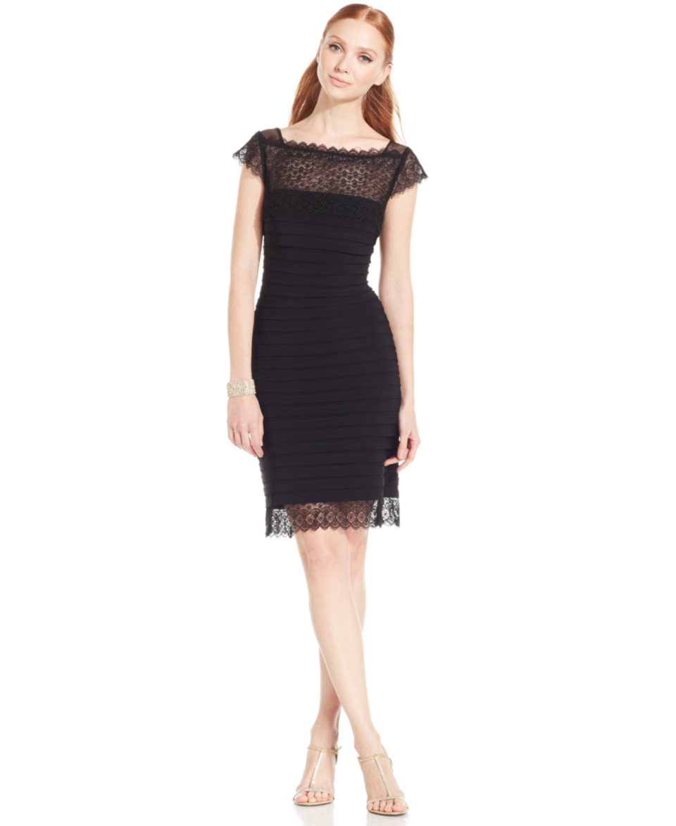 Adrianna Papell Illusion Lace Shutter Pleat Sheath   Dresses   Women