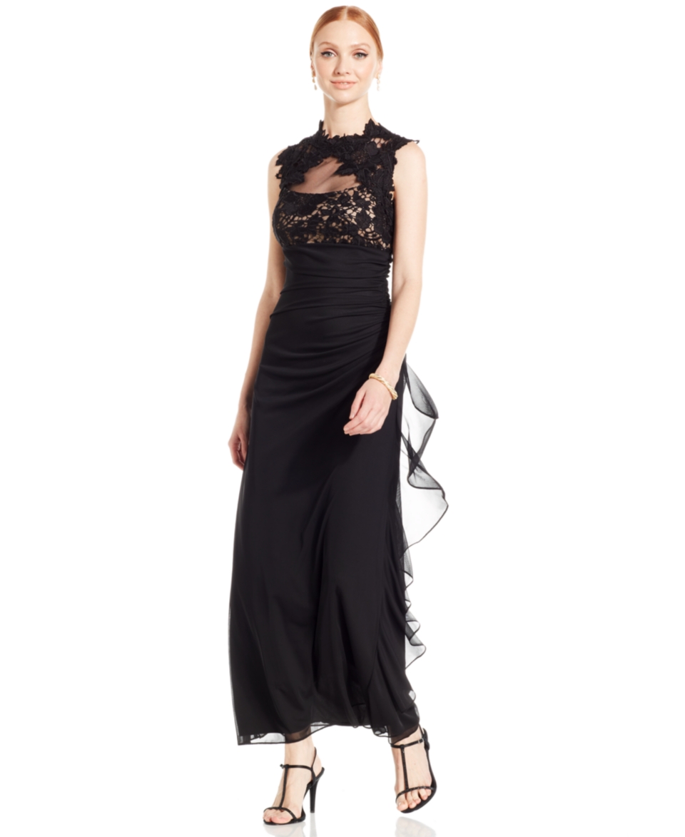 Betsy & Adam Illusion Lace Cascade Ruffle Gown   Dresses   Women