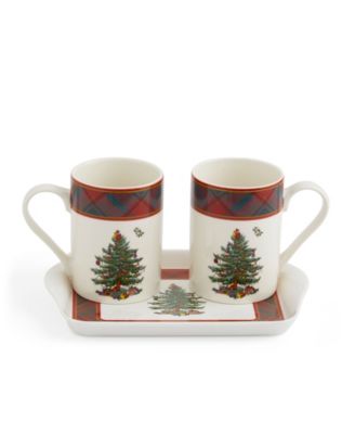 Набор кружек и подносов из 2 предметов в клетку с Рождественской елкой