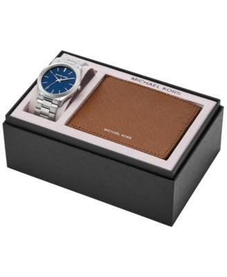 Мужские часы Michael Kors Slim Runway с тремя стрелками серебристого цвета на браслете из нержавеющей стали диаметром 44 мм и сумкой-портмоне из сафьяновой кожи в комплекте