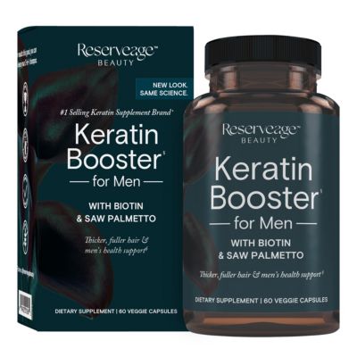 Reserveage - Кератиновый бустер для волос для мужчин, помогает блокировать ДГТ и уменьшает облысение, поддерживая рост волос с помощью Со Пальметто, без глютена, 60 капсул без красителя.