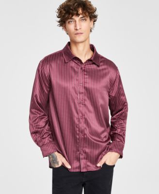 Мужская атласная рубашка в полоску с длинным рукавом и пуговицами спереди из мишуры