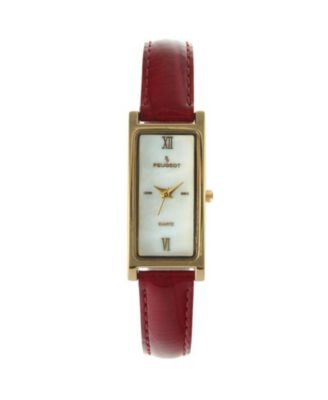 Женские часы Peugeot в прямоугольном золотистом корпусе с глянцевым красным кожаным ремешком