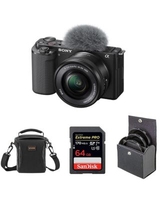 Беззеркальная видеорегистраторная камера Sony ZV-E10 APS-C со сменным объективом 16-50 мм в комплекте с SD-картой емкостью 64 ГБ, сумкой через плечо, комплектом фильтров 40,5 мм черного цвета