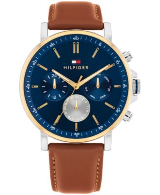 Мужские многофункциональные часы Tommy Hilfiger на коричневом кожаном ремешке, 44 мм