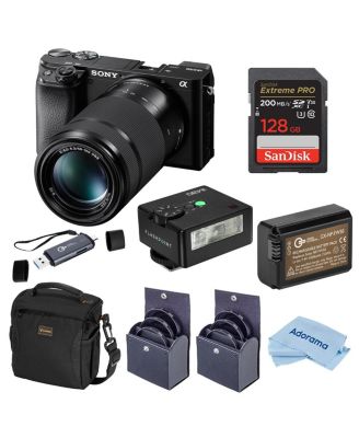 Беззеркальная камера Sony Alpha a6100 с объективами 16-50 мм и 55-210 мм, мини-вспышкой iM30, картой памяти SDXC емкостью 128 ГБ и аккумулятором NP-FW50 черного цвета
