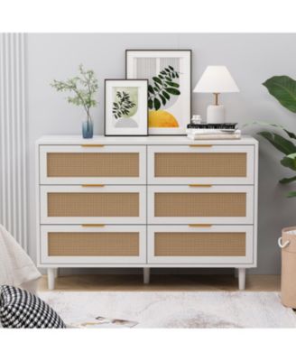 Streamdale Furniture 43.31"Шкаф для хранения вещей из ротанга с 6 выдвижными ящиками, Выдвижной ротанговый ящик, для спальни, гостиной,Белый