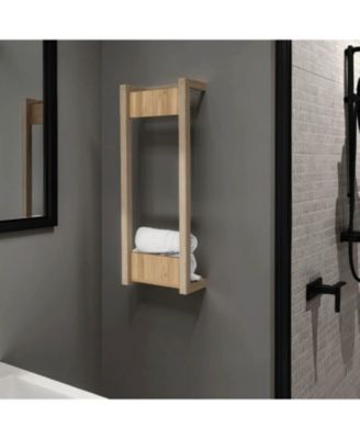 Вешалка для полотенец FM FURNITURE Washan, настенный дизайн, открытая вертикальная рама, встроенная нижняя полка для сложенных полотенец, прочная и легкая конструкция, натуральный дуб