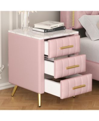 Прикроватная тумбочка с мягкой обивкой Streamdale Furniture - 3 выдвижных ящика, металлические ножки и мраморная столешница