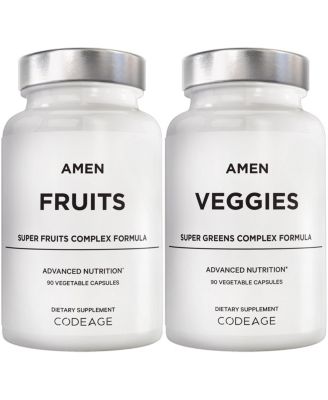 Набор витаминов Amen Fruits + Veggies, Поливитаминные капсулы Raw Whole Food, Зеленые овощи, Смесь красных фруктов и ягод, Пищевые волокна + фитонутриенты, Минеральная добавка для суперпродуктов, не содержит ГМО, 180 карат белого цвета