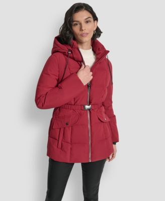 Женское пуховое пальто DKNY с поясом и капюшоном, красное