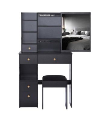 Тонкий туалетный столик Streamdale Furniture с раздвижным зеркалом XL, многослойным местом для хранения вещей, мягким табуретом