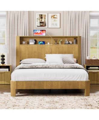 Мебель Streamdale Каркас кровати Streamdale Queen-Size- Изголовье для хранения, зарядная станция, Натуральный