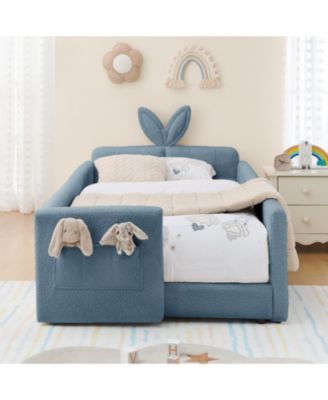 Двуспальная кровать с мягкой обивкой Streamdale Furniture- Кроличьи ушки, Рейка и карман, Букле, Небесно-голубой